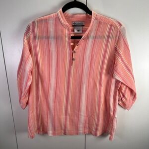 Columbia Womens L Coral Striped 3/4 Sleeve Button Up Shirt Outdoor Boho Gorpcore